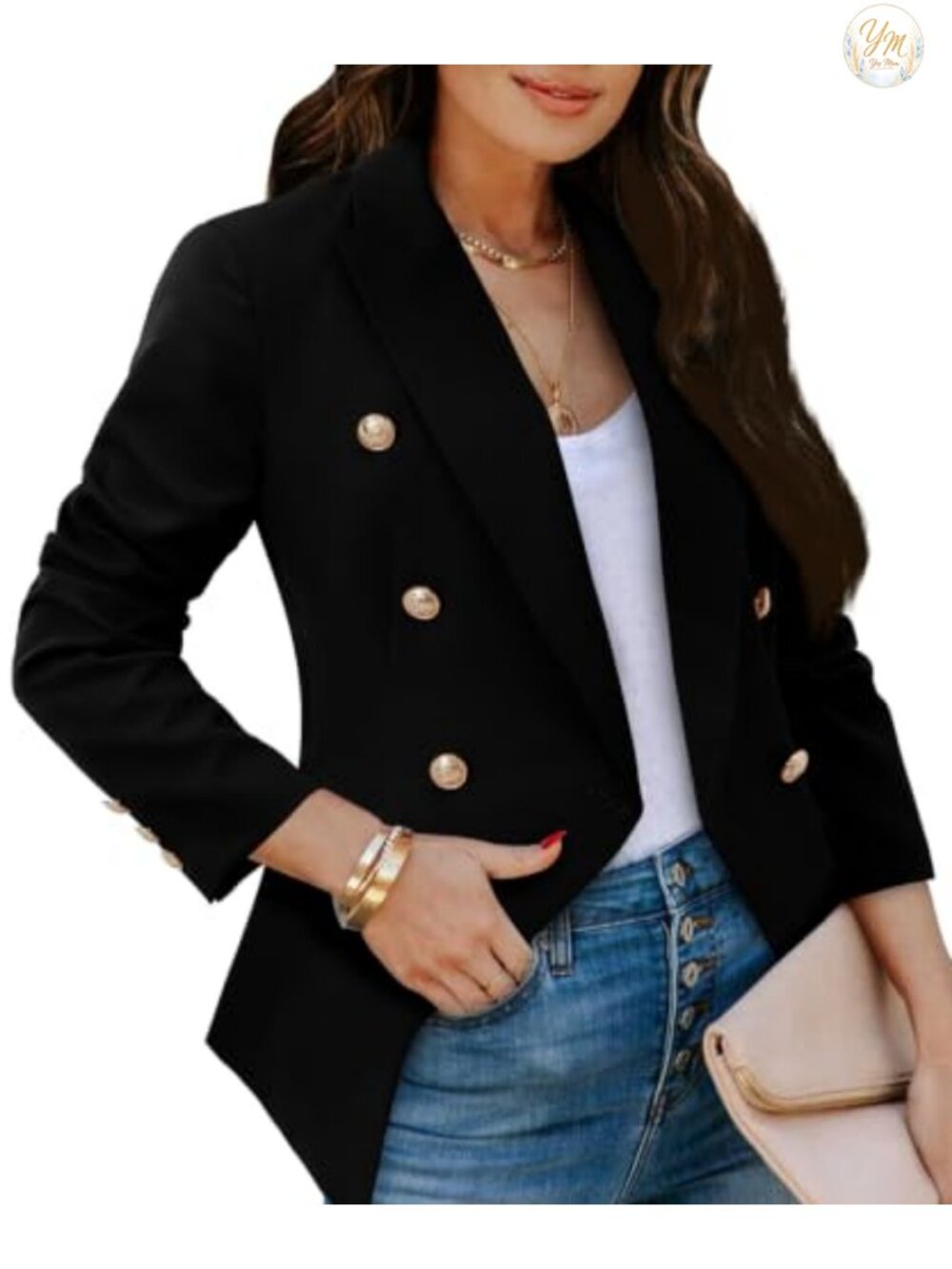 Womens Double Breasted Gold Button Blazer for Business Casual Wear